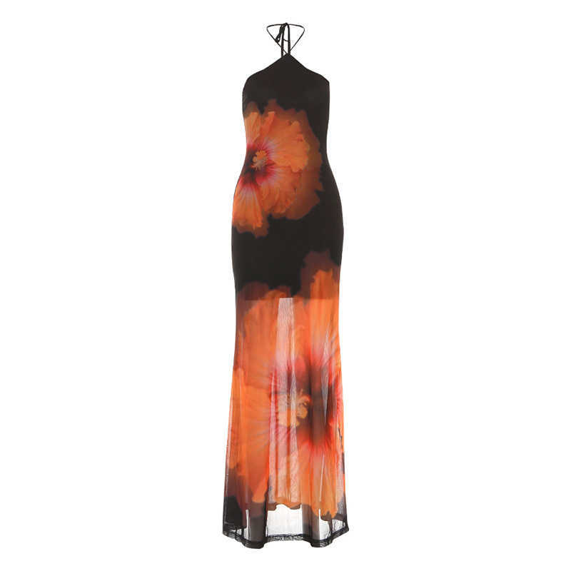 2025 Summer New Womens Fashion Spaghetti Strap Halter Neck Printed Waist Slimming Trendy Dress T260113