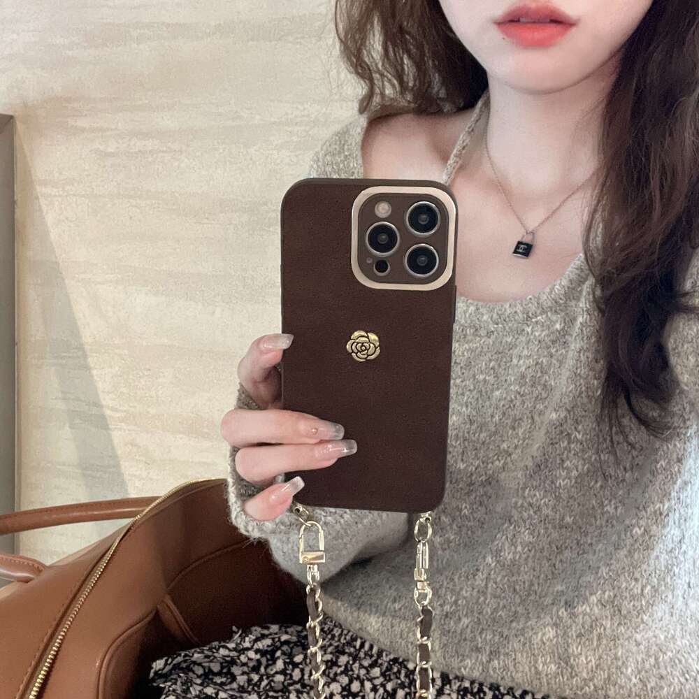 Brown Suede iPhone Case with Camellia Emblem & Crossbody Gold Chain, Premium Protective Cover Compatible with iPhone 17 Pro Max/16/15 Pro Max/13