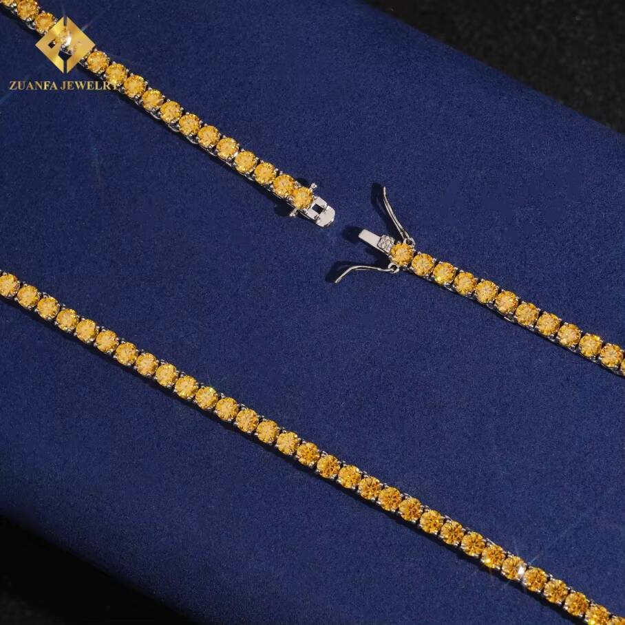 New Arrival Luxury Round Brilliant Cut Yellow Gold 4mm Moissanite 925 Silver Moissanite Tennis Chain Pass Diamond Test with GRA