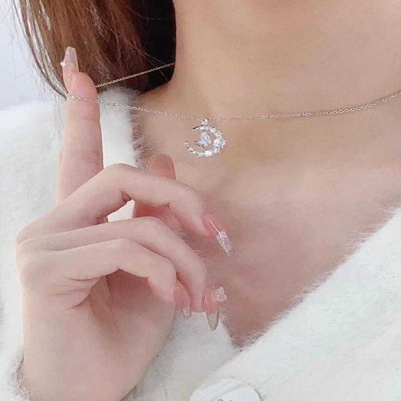 yoyo Women's Moon Butterfly Zircon Collarbone Necklace Dainty Minimalist Elegant Versatile Jewelry Student Best Friend for Girlfriend Gift - view 8