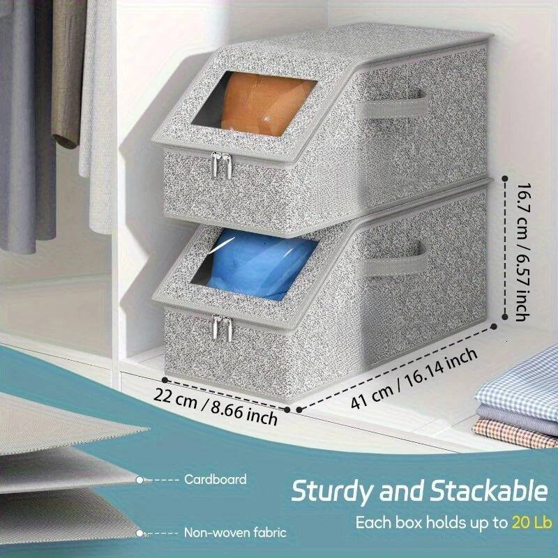 Stackable Baseball Cap Organizer Boxes-Large Capacity,Foldable Fabric Storage Boxe with Clear Lid&Metal Handles for Clothes,Hats ddmysept