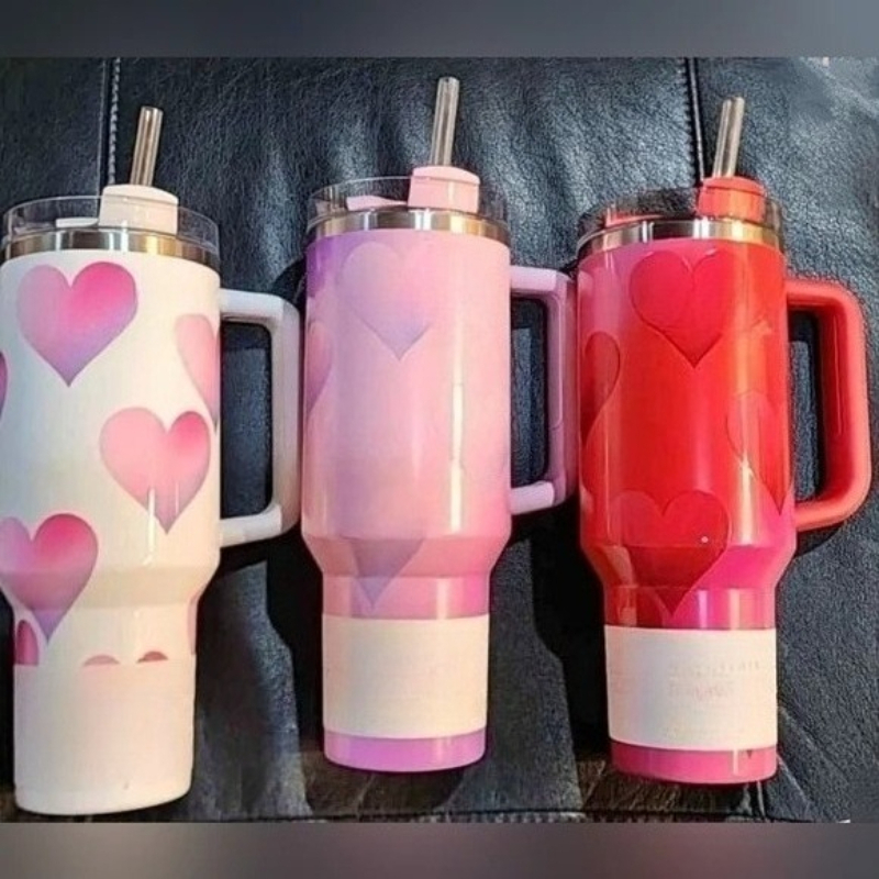 Valentines Day Frost Powder Pink Heart Gradient Love Shack Fancy 40oz Tumbler with Bow Topper 304 Stainless Steel Car Thermos Cup Straw Cup Handle 20oz Designer Cup