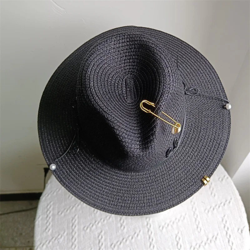 Womens Beach Hat Black Letter Ribbon Decoration Elegant Womens Party Dress Hat Travel Beach Sun Hat260106