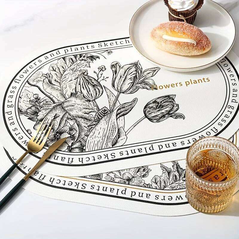 Floral Elliptical Placemats, PU Leather Sketch Flowers Pattern Table Mats, Waterproof Heat-Resistant Non-Slip Wipeable Dining