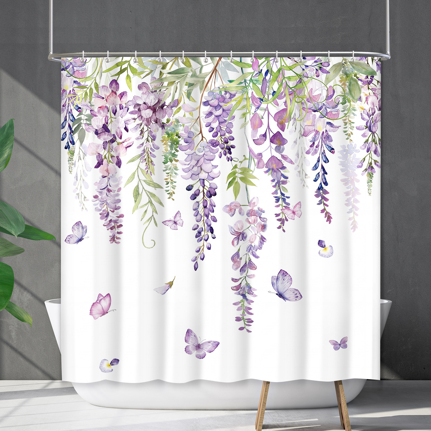 YL-38156 Waterproof Shower Curtain Set with Floral Designs, Flowers, Plants, Butterflies, and Shower Cover - No Drill Required