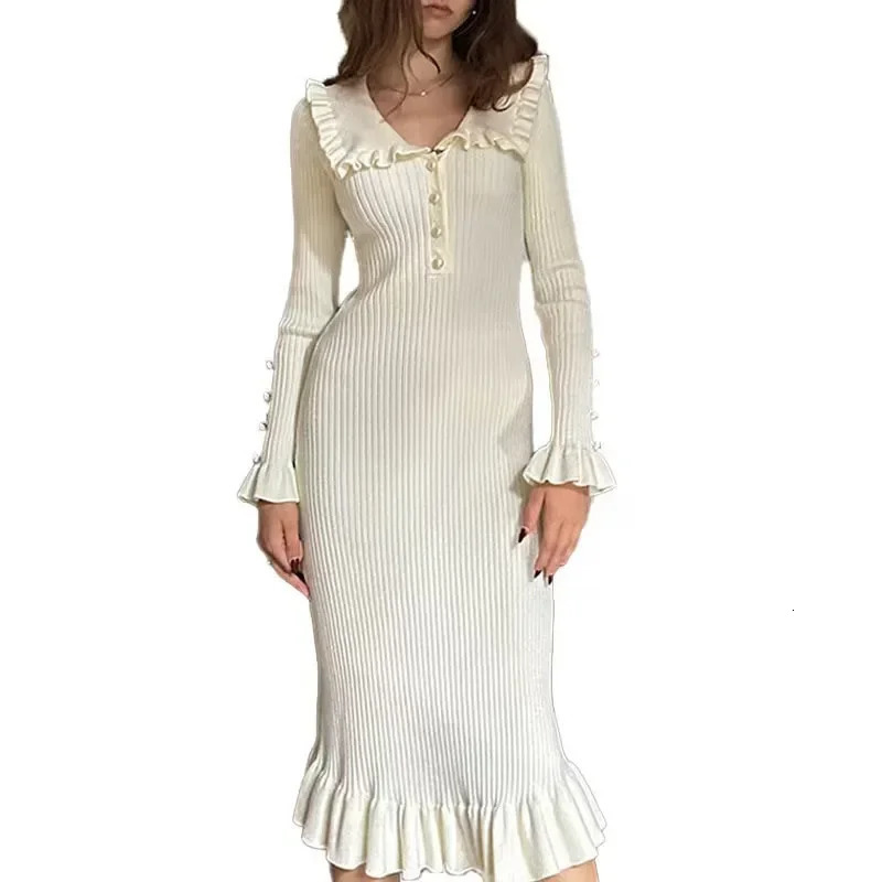 Retro Ladylike Knitted Dress with Lace Hem Autumn Winter Style Full Sleeve Knee Length Midi Dress Polyester Fiber Dress 260112