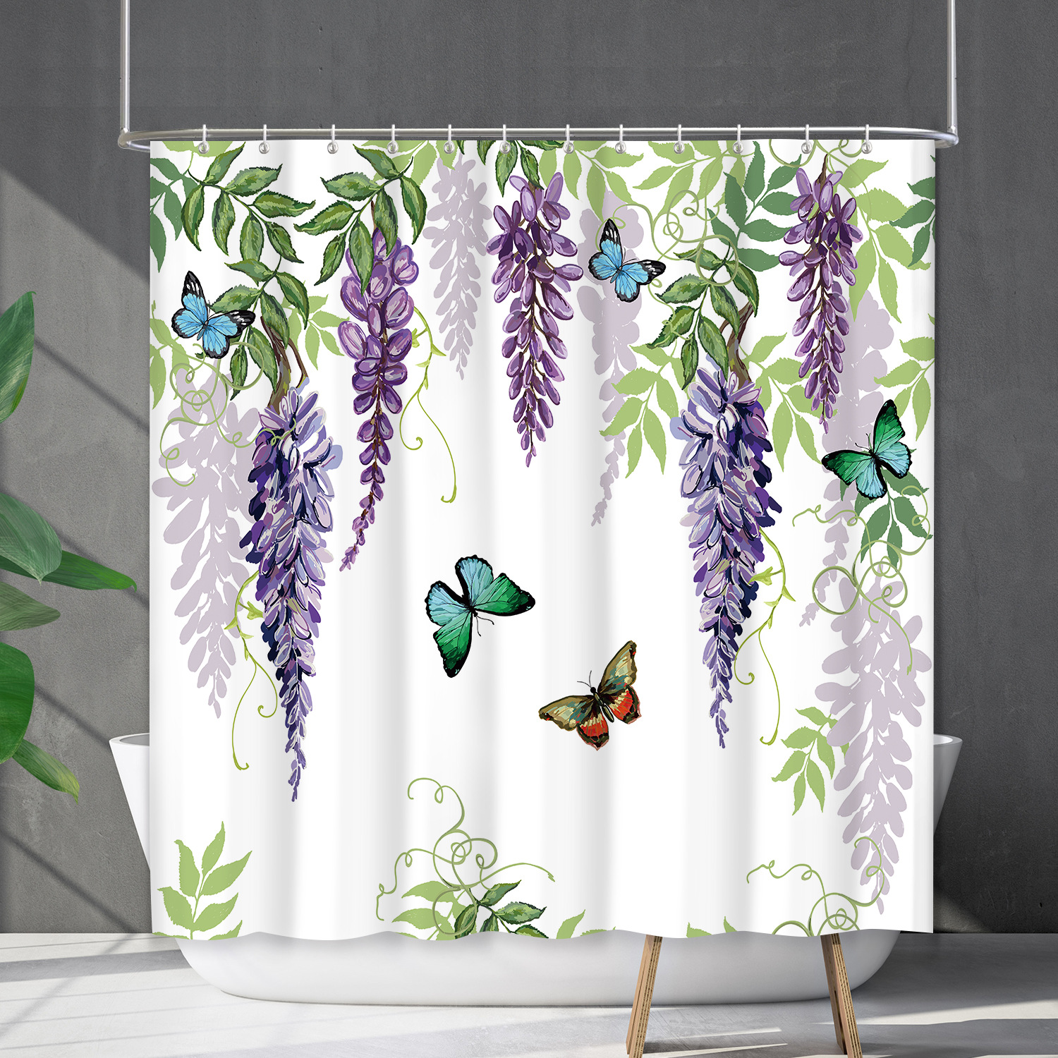 YL-38165 Waterproof Shower Curtain Set with Floral Flowers, Butterflies, and Other Floral Designs - Shower Cover - No Drill Required
