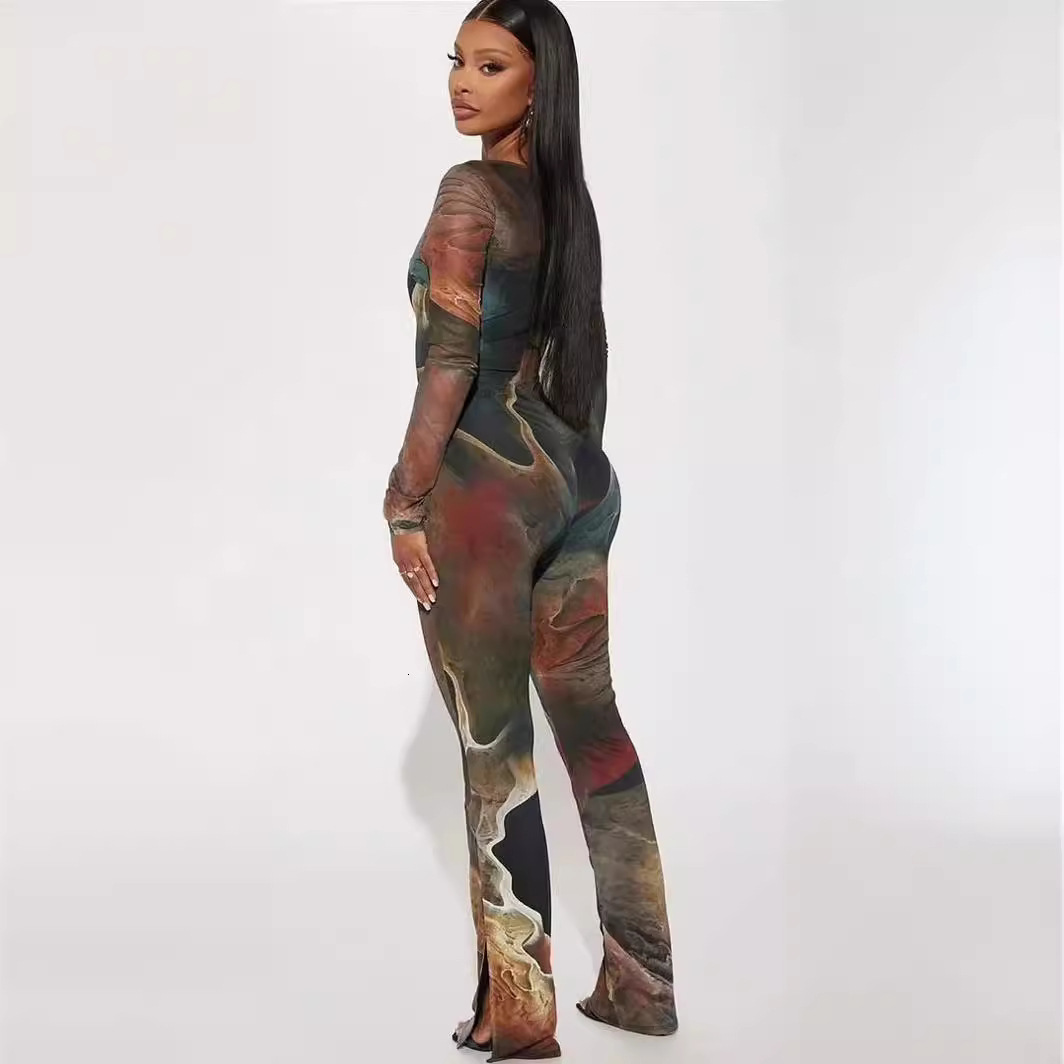 Y6030 Womens Fashion 2024 New Four Seasons Wearable Double Layer Mesh Long Jumpsuit 210712