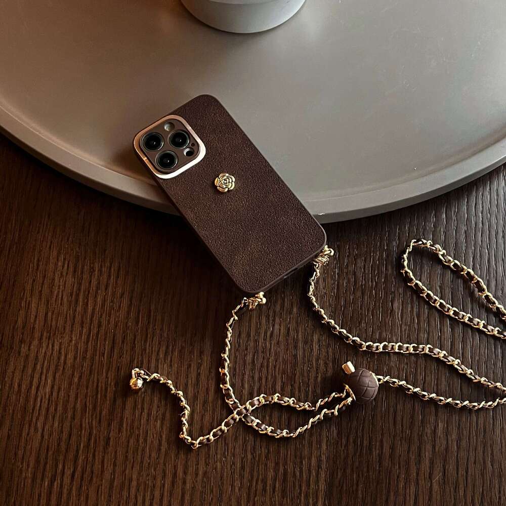 Brown Suede iPhone Case with Camellia Emblem & Crossbody Gold Chain, Premium Protective Cover Compatible with iPhone 17 Pro Max/16/15 Pro Max/13