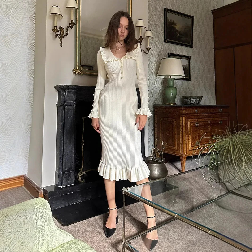 Retro Ladylike Knitted Dress with Lace Hem Autumn Winter Style Full Sleeve Knee Length Midi Dress Polyester Fiber Dress 260112