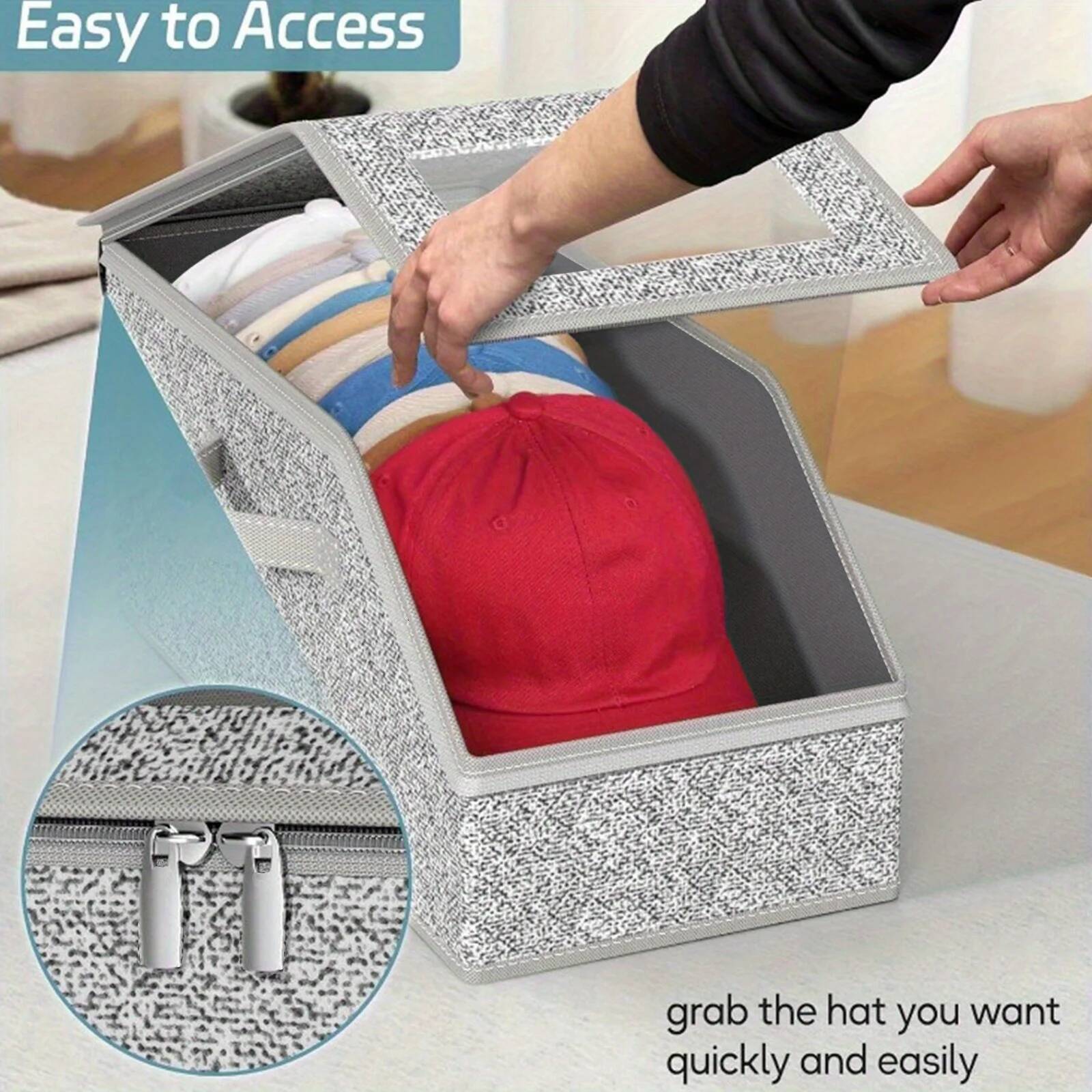 Stackable Baseball Cap Organizer Boxes-Large Capacity,Foldable Fabric Storage Boxe with Clear Lid&Metal Handles for Clothes,Hats ddmysept