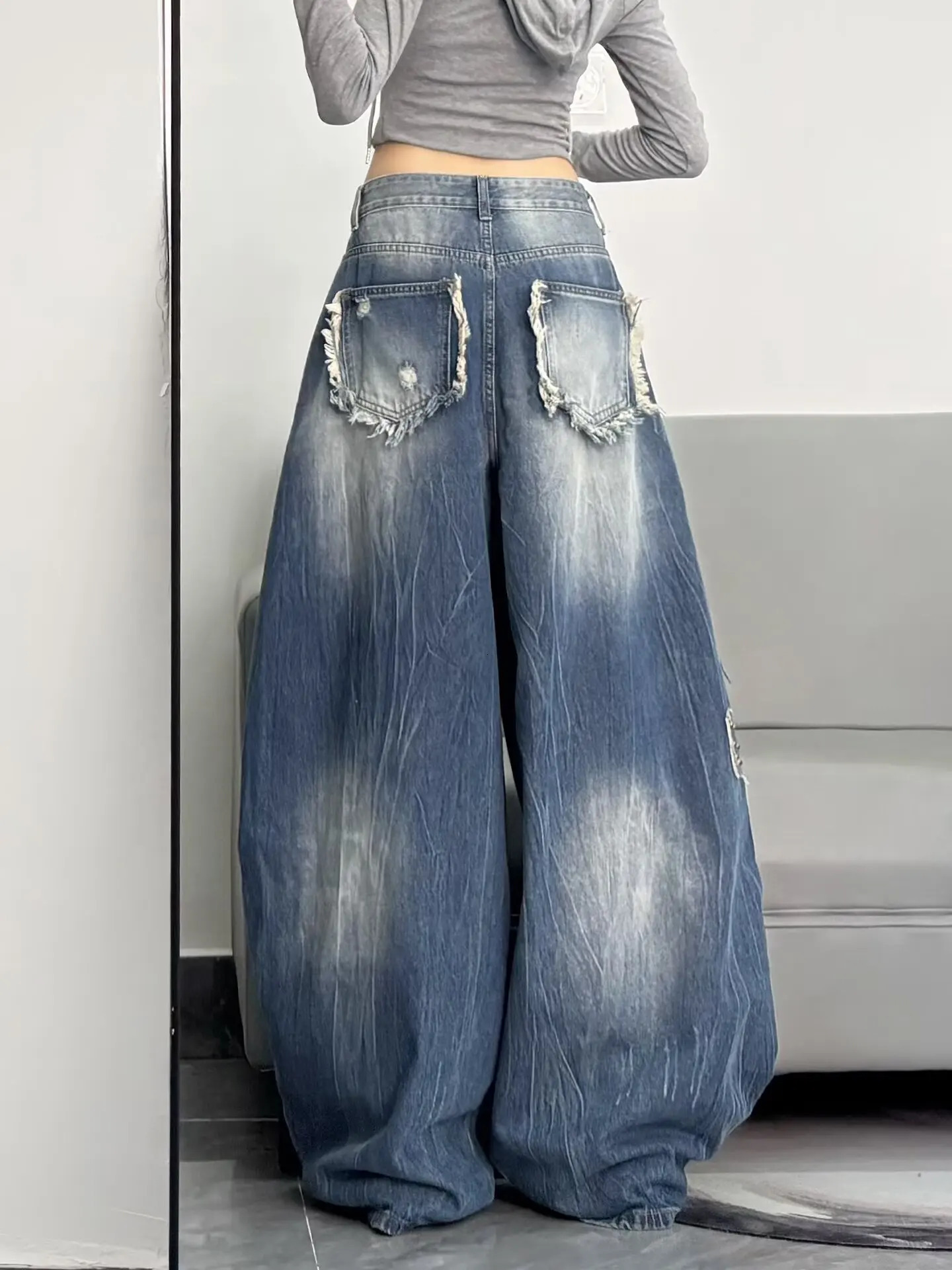 American high street floor embroidered denim retro womens autumn waisted loose wide leg pants Y2K straight 260113 - view 6