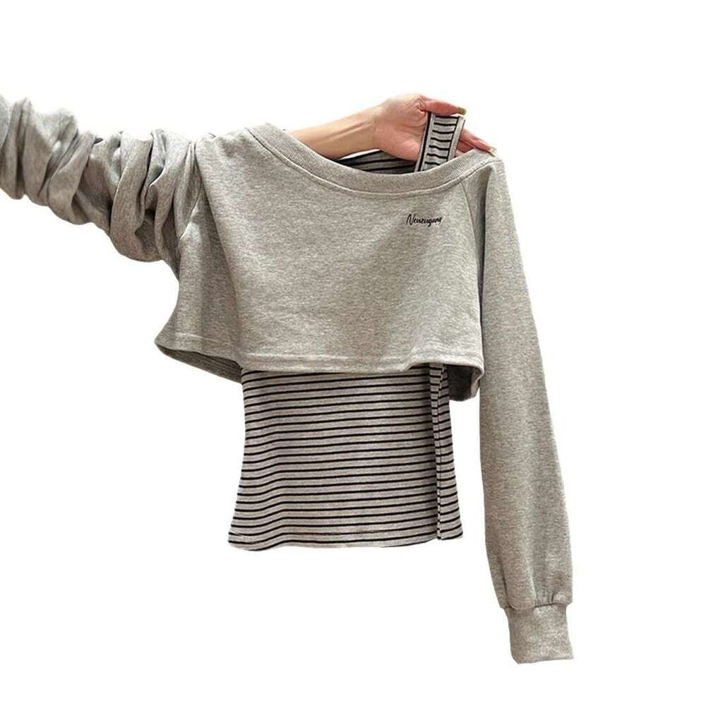 Floral Gray Asymmetrical Long Sleeve Striped Sweatshirt for Women 2025 Autumn Winter Design Sense Matching Vest Two-Piece Set Top - view 6