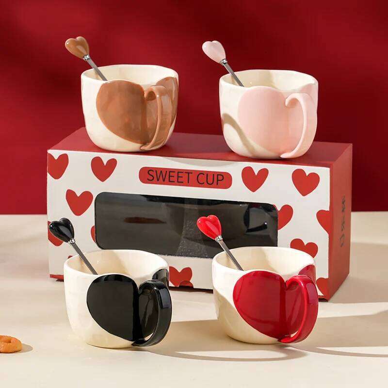 Drinkware ceramic mugs thermos cup style 350ml heart pattern love couple mug for Valentine handheld gift drinking utensils