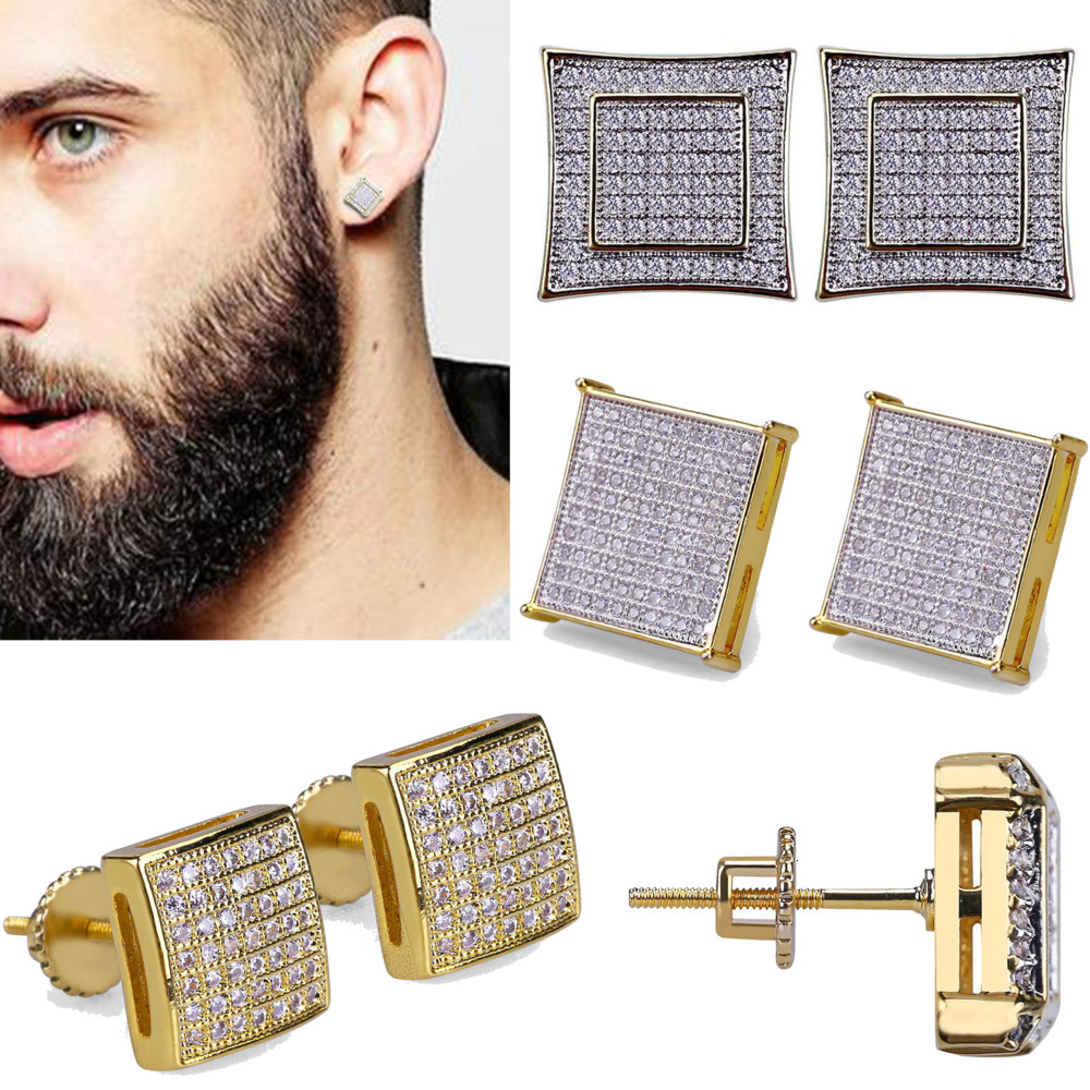 Stud 18K Real Gold Hiphop CZ Zircon Square Stud Earrings 07-16cm for Men Women and Girls Gifts Cubic Zirconia Iced Out Diamond Earrings Studs Punk Rock Rapper Jewelry AA