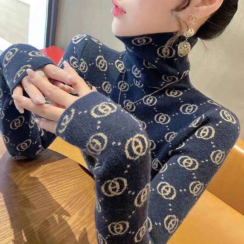 Women Clothing Fashion Turtleneck Long Sleeve Knit Designer Fashion Pullovers Autumn Winter Casual All-Match Geometric Slim Sweaters Chic Tops