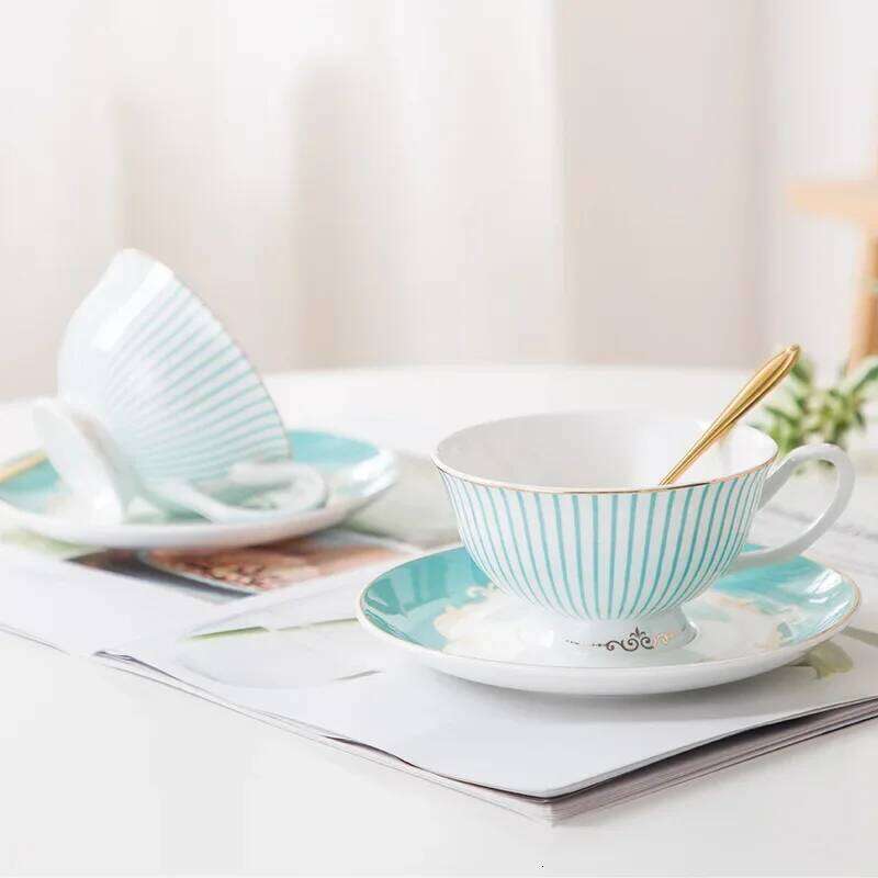 Blue striped English bone china mug with spoon dish, European coffee cup and saucer set,Advanced Porcelain Mug For tea