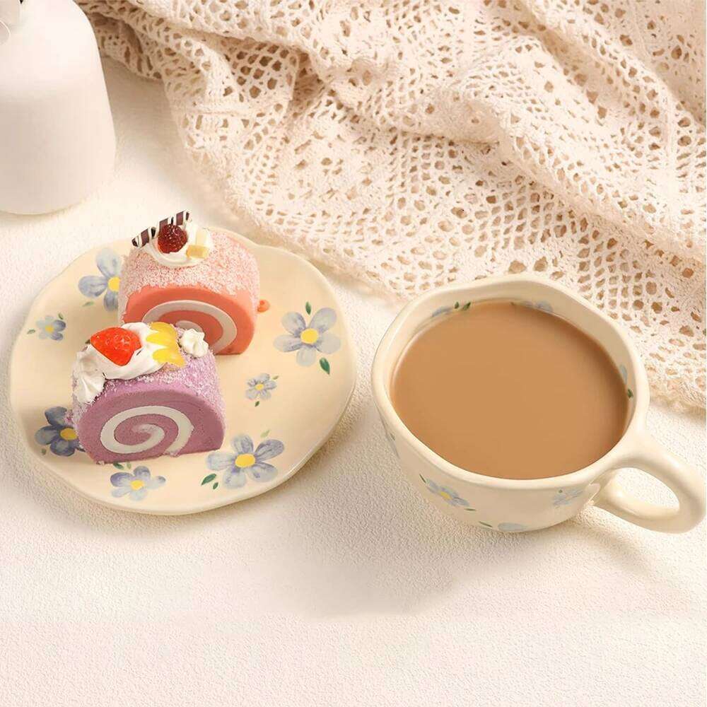 Ceramic Mugs Coffee Cups Hand Pinched Irregular Flower Milk Tea Cup with Plate Ins Style Drinkware Breakfast Mug Kitchen