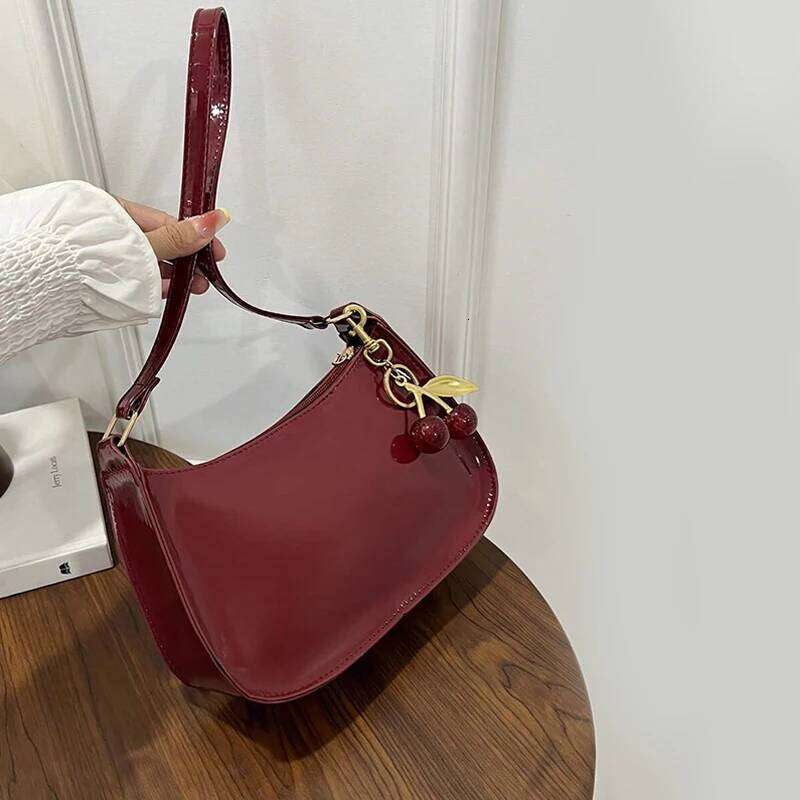 Vintage Retro Shoulder Bag for Women PU Leather Underarm Crossbody Ladies Casual Handbag Purse with Cherry Pendant