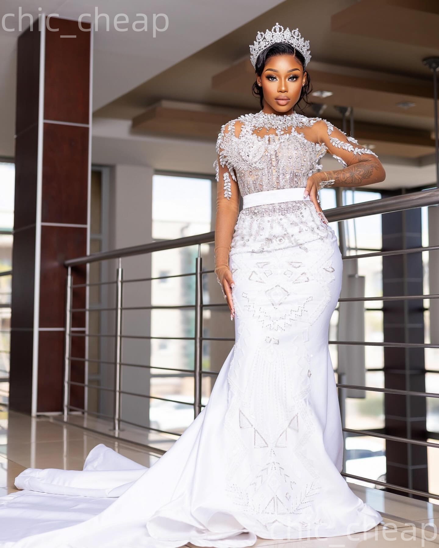 African Aso Ebi 2026 Ivory Mermaid Wedding Dress Beaded Crystals Lace Sheer Neck Luxurious Detachable Train Vintage Bridal Gowns Dresses ZJ233