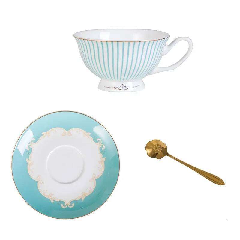 Blue striped English bone china mug with spoon dish, European coffee cup and saucer set,Advanced Porcelain Mug For tea