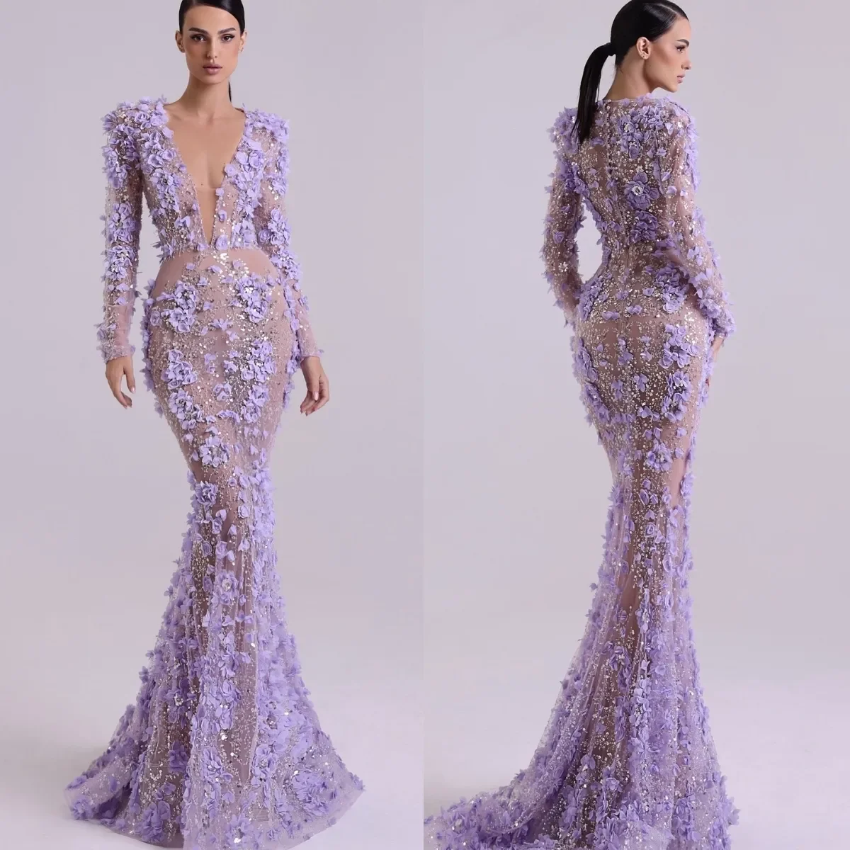 Luxury Purple Prom Formal Dresses 2026 Sequins Mermaid 3D Flowers Lace Long Sleeves V Neck Evening Party Gowns Girls Pageant Birthday Dress Robe De So
