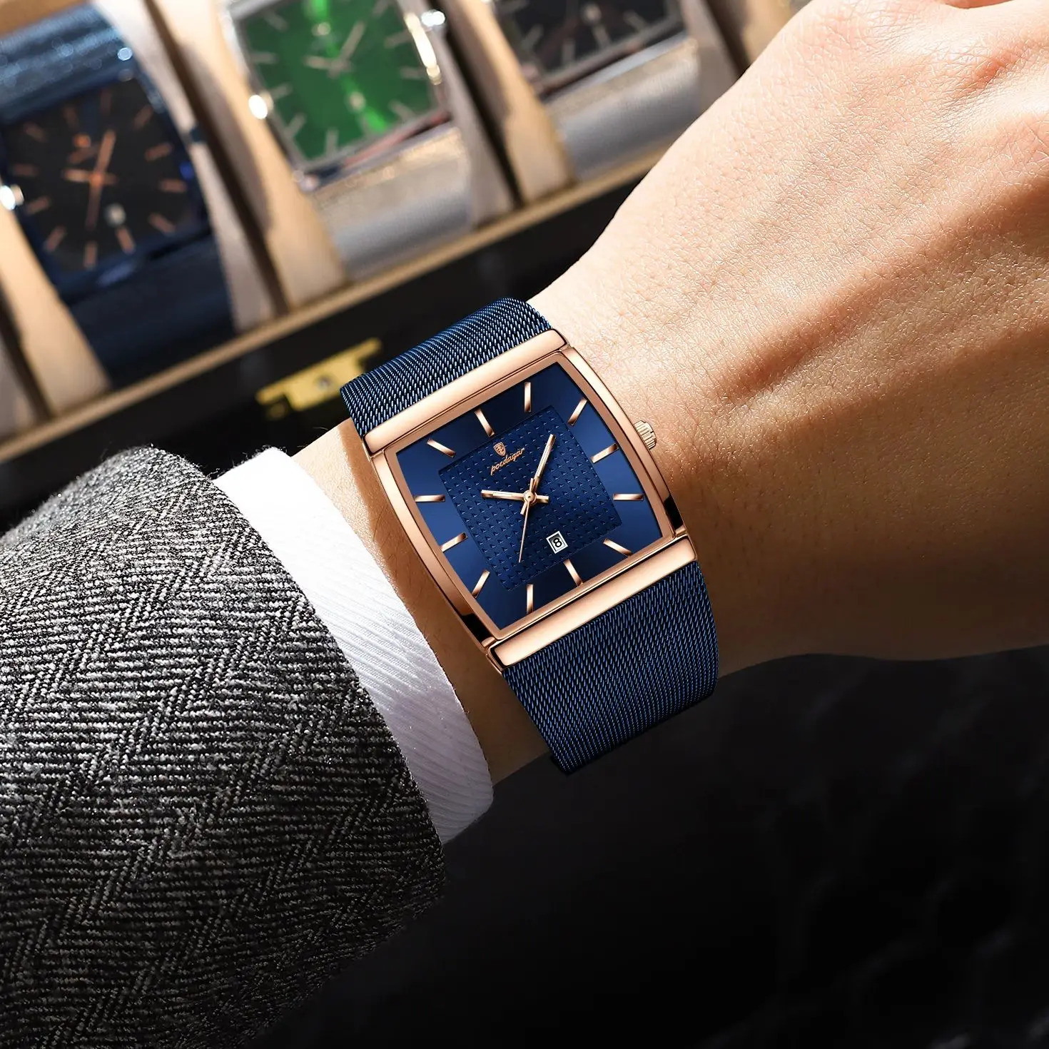 POEDAGAR Top Original Men Watch Waterproof Luminous Date Rectangle Man Wristwatch Mesh Stainless Steel Mens Quartz Watches Male 260114