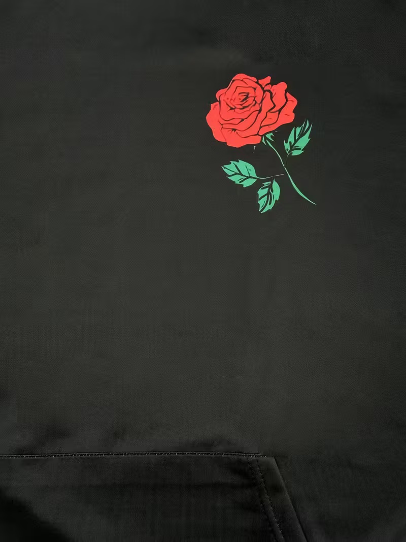 Men's Black Red Rose Print Hoodie - Floral Pattern Casual Pullover Hooded Sweatshirt
