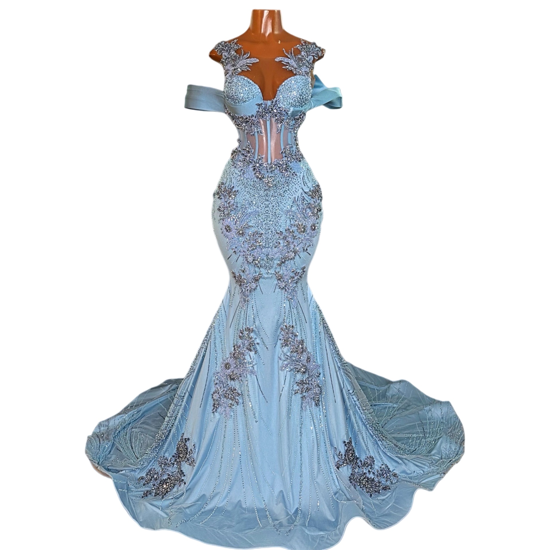 Aso Ebi Light Sky Blue Mermaid Prom Dresses 2026 Appliques Crystals Sheer Neck Evening Formal Party Second Birthday Engagement Gowns Dress For Special