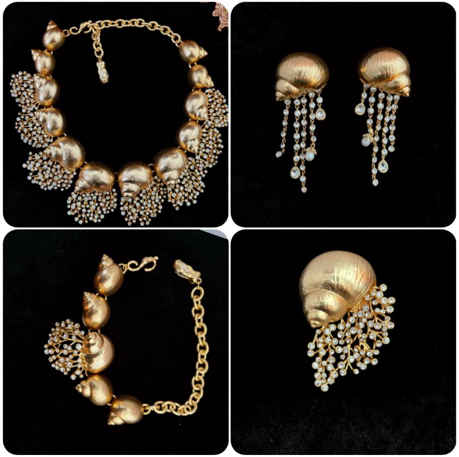 Vintage Designer Snail Shaped Brass Necklace Bracelet Earrings Brooch Bridal wedding Jewelry Set Schiaparelli High-End Runway Style