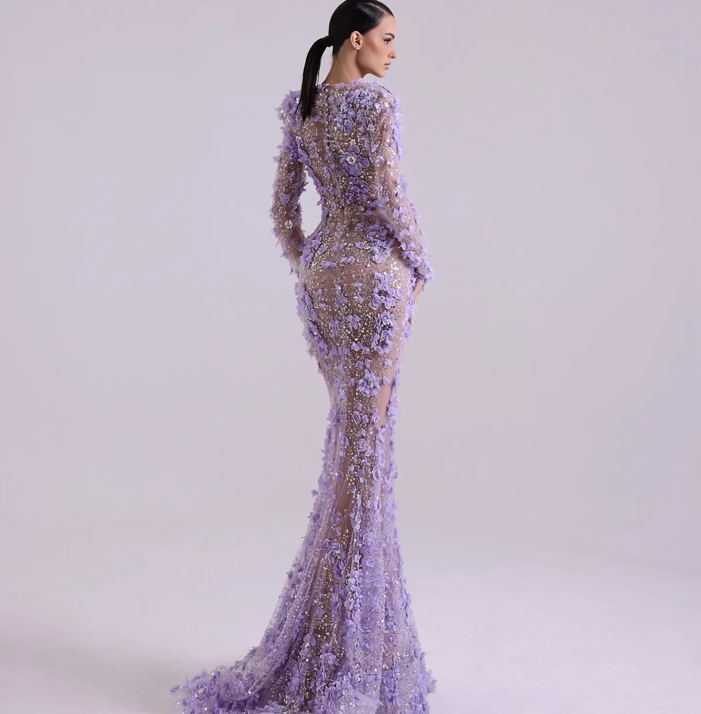 Luxury Purple Prom Formal Dresses 2026 Sequins Mermaid 3D Flowers Lace Long Sleeves V Neck Evening Party Gowns Girls Pageant Birthday Dress Robe De So