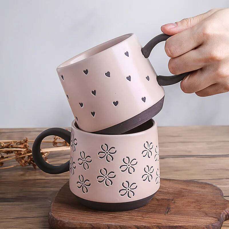 Underglaze Hand Painted Ceramic Mug Set Coarse Pottery Cute Pattern Large Coffee Cup for Couples Matching Pair Gift