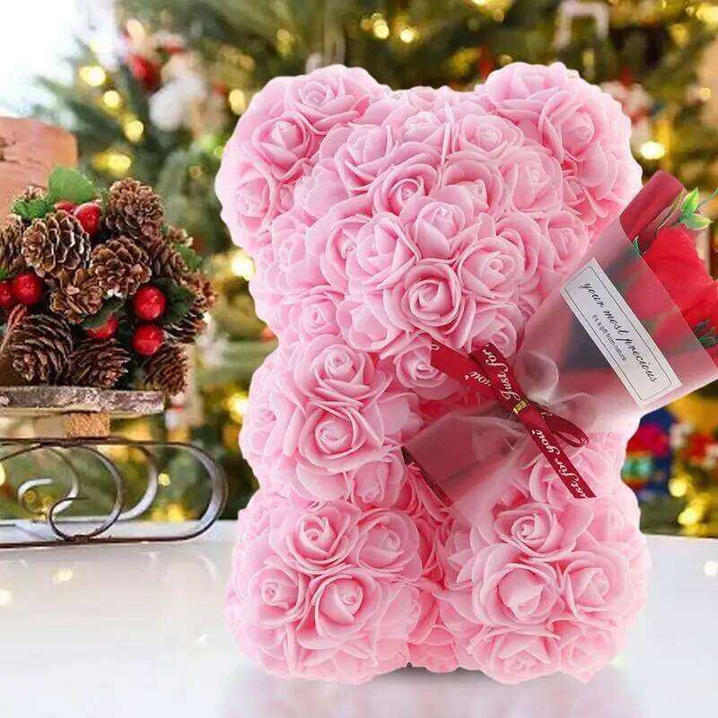9.45in Cute Artificial Forever Flower Rose With Clear Box Handmade Romantic Decorative Valentines Day Bear Gift W260114