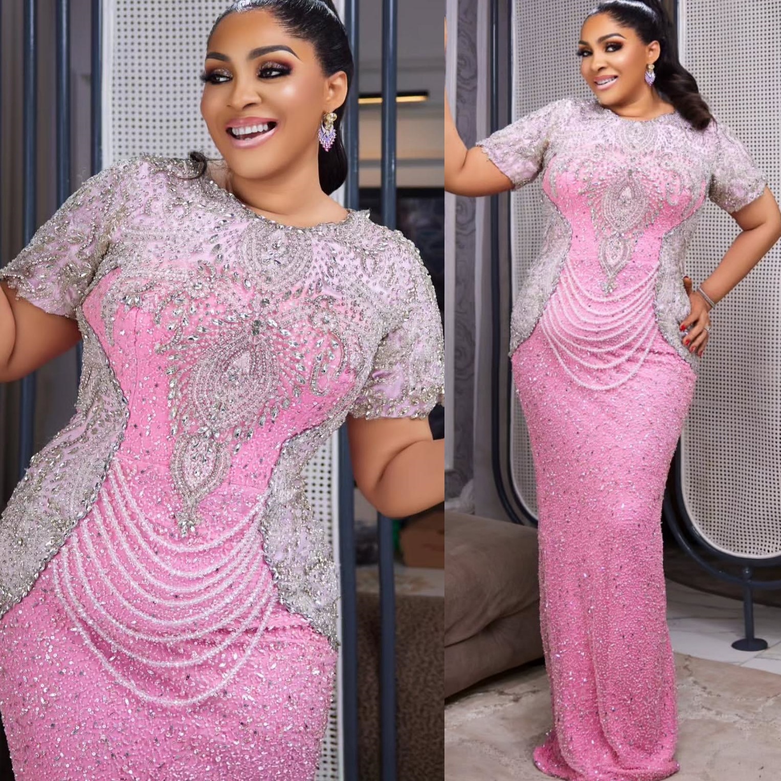 Aso Ebi Nigerian Pink Sheath Prom Dresses 2026 Beaded Crystals Sequined Evening Formal Party Second Birthday Engagement Gowns Dress For Special Occasi