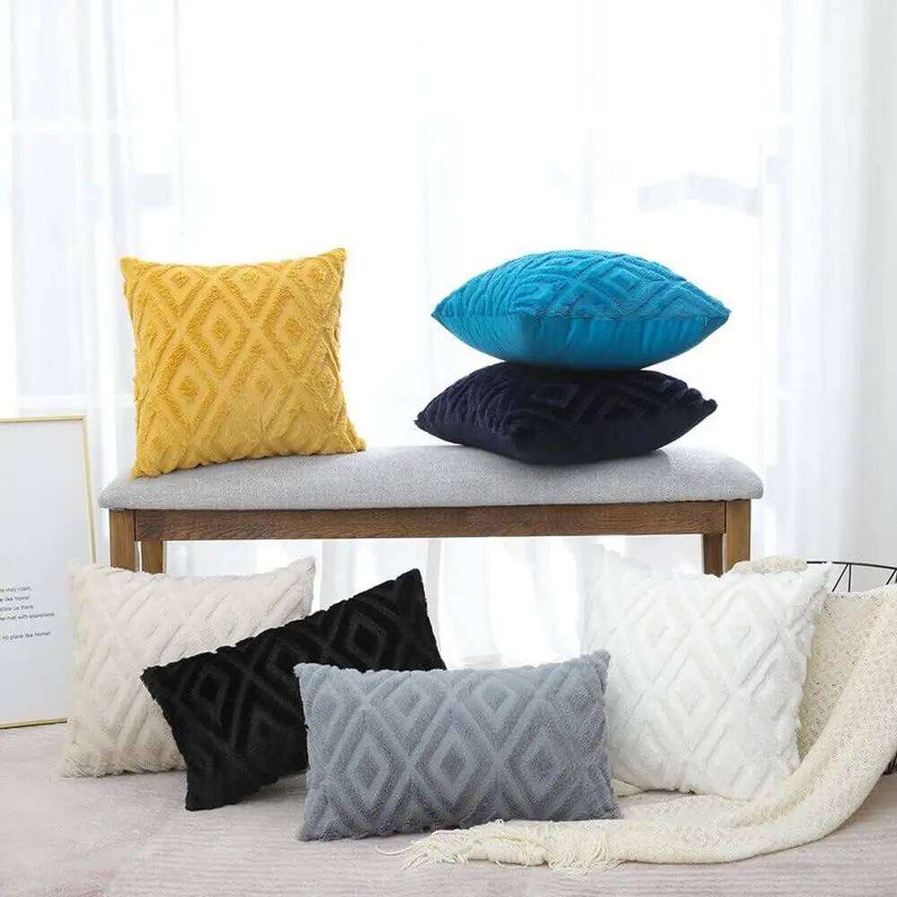Home Decorative Pillow Cover Luxury Velvet Cushion Case Modern Rhombus Pattern Soft Cozy Plush Square for Sofa Bed Living Room Bedroom Bedding Accesso