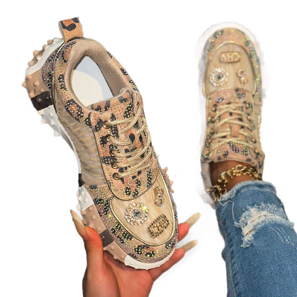 2025 Autumn New Leopard Print Rhinestone Thick Sole Casual Sports Shoes for Women