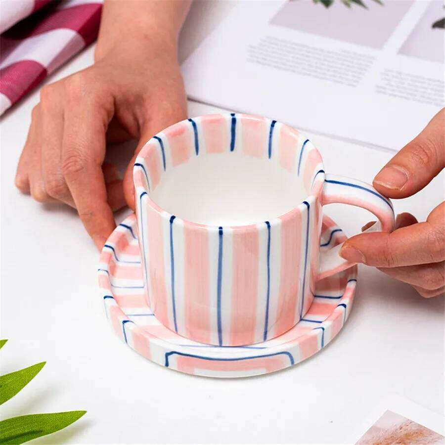 Minimalist striped hand drawn cup and plate set, ceramic milk 280ml/9.5oz afternoon tea coffee cup, household drinki
