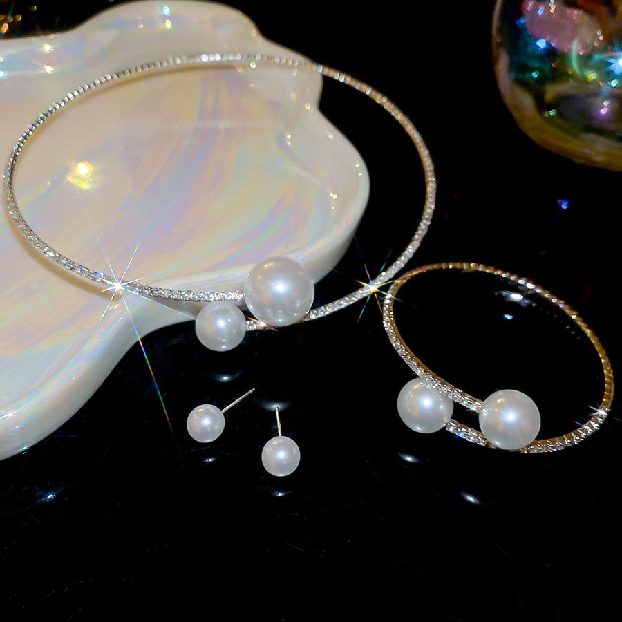 Trendy Single Row Silver Plated Choker Bracelet Set Pearl Round Korean Style Fresh Hanging Neck Chain U-Shaped - view 7