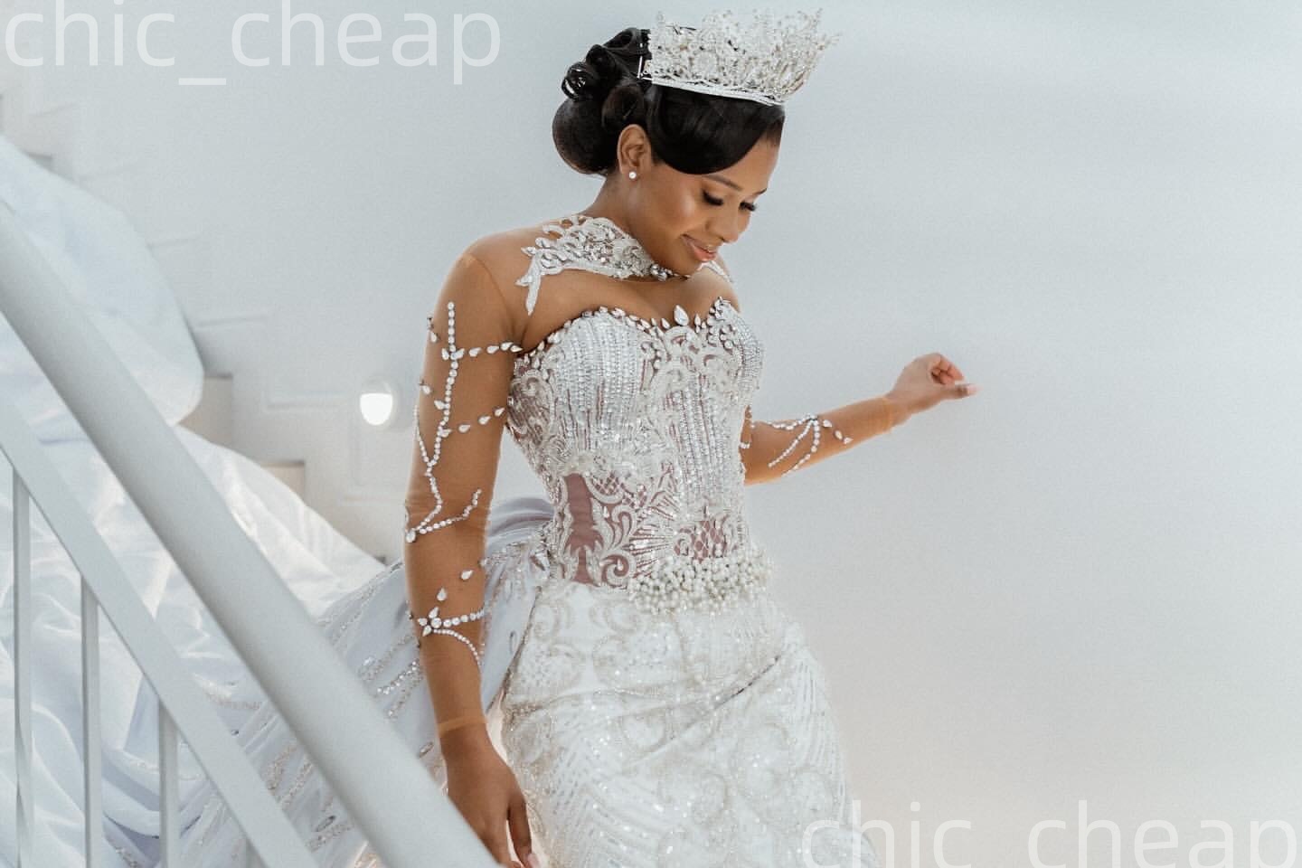 African Aso Ebi 2026 Ivory Mermaid Wedding Dress Pearls Crystals Embroidery Lace Detachable Train Vintage Bridal Gowns Dresses ZJ233