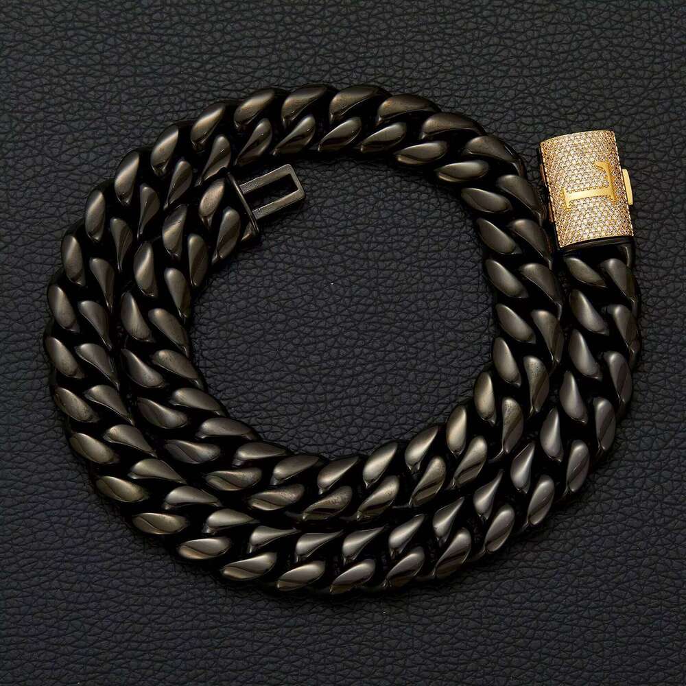 Men's New Black Cuban 26 English Letters Flip-Over Drill Buckle Stainless Steel Password Chain fashion Necklace