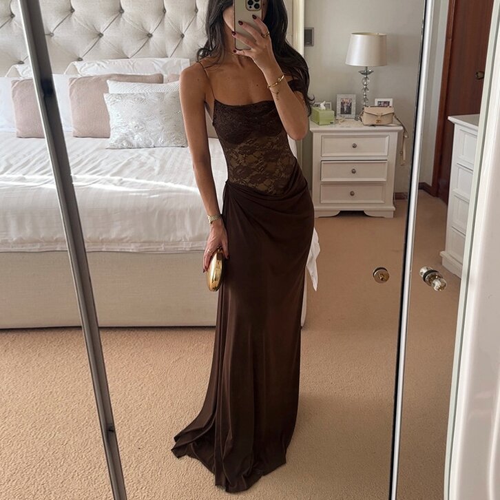 New casual dress summer solid color hollow slim fit formal occasion dress fashionable backless long women 2025 lace patchwork dress