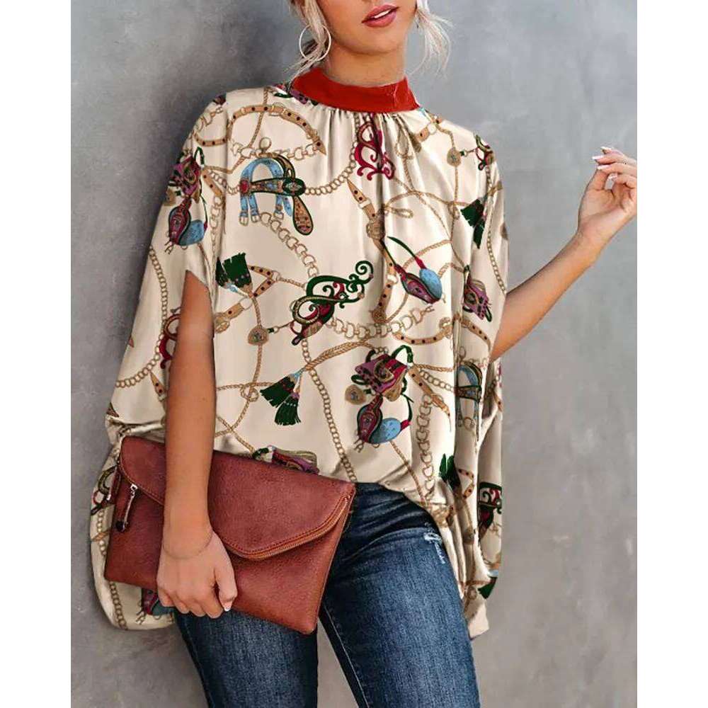 Women's Cape Sleeve Oversize Blouse Tie Closure High Neckline Caftan Body Loose Tops