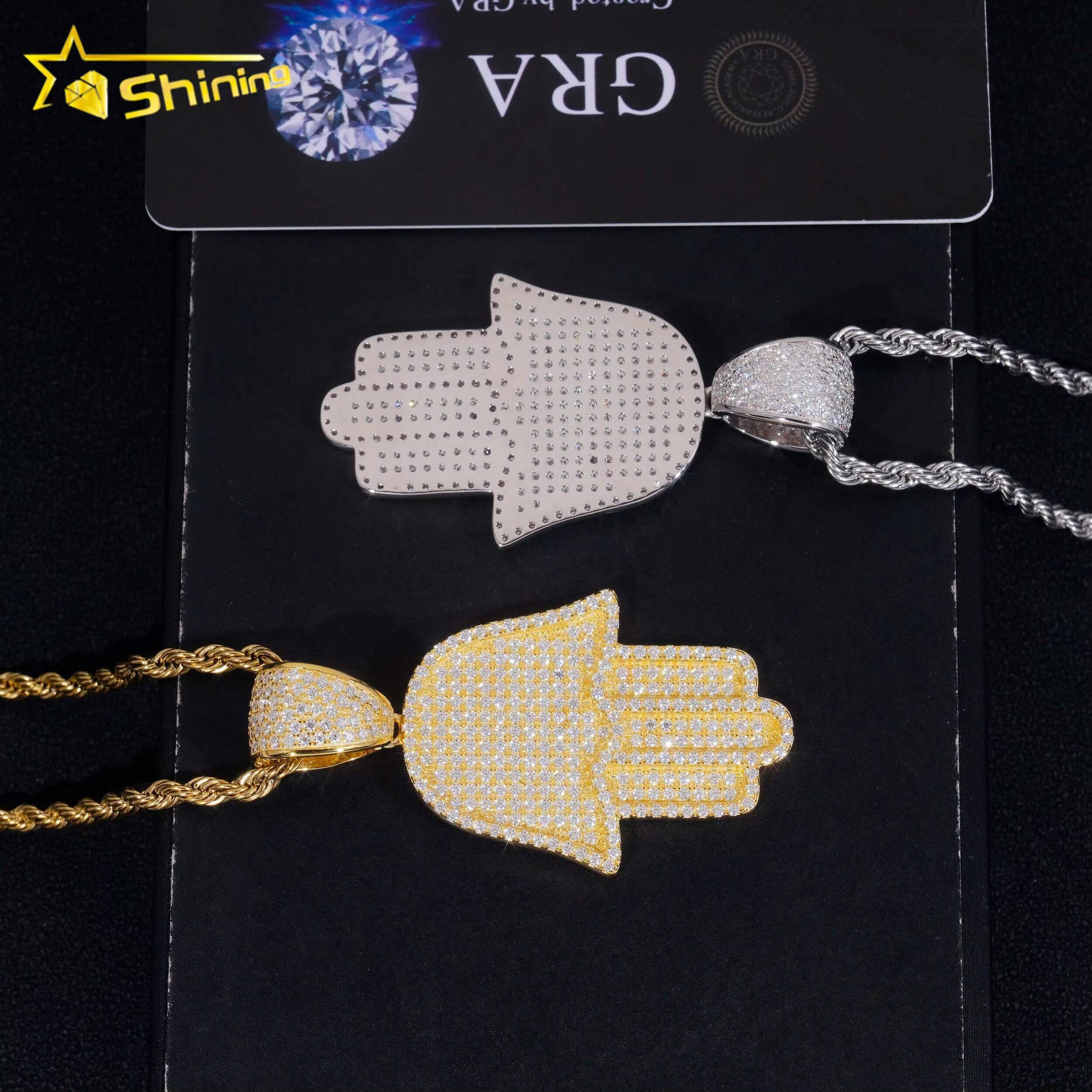 Iced Out Jewelry Pass Diamond Tester 925 Sterling Silver Hip Hop Moissanite Hamsa Hand Pendant