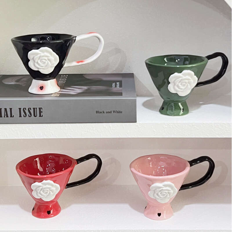 Ceramic Mugs Creative Embossed Rose Design Drinking Utensils Ergonomic Handle Coffee Goblet for Family Breakfast Table Home Decoration