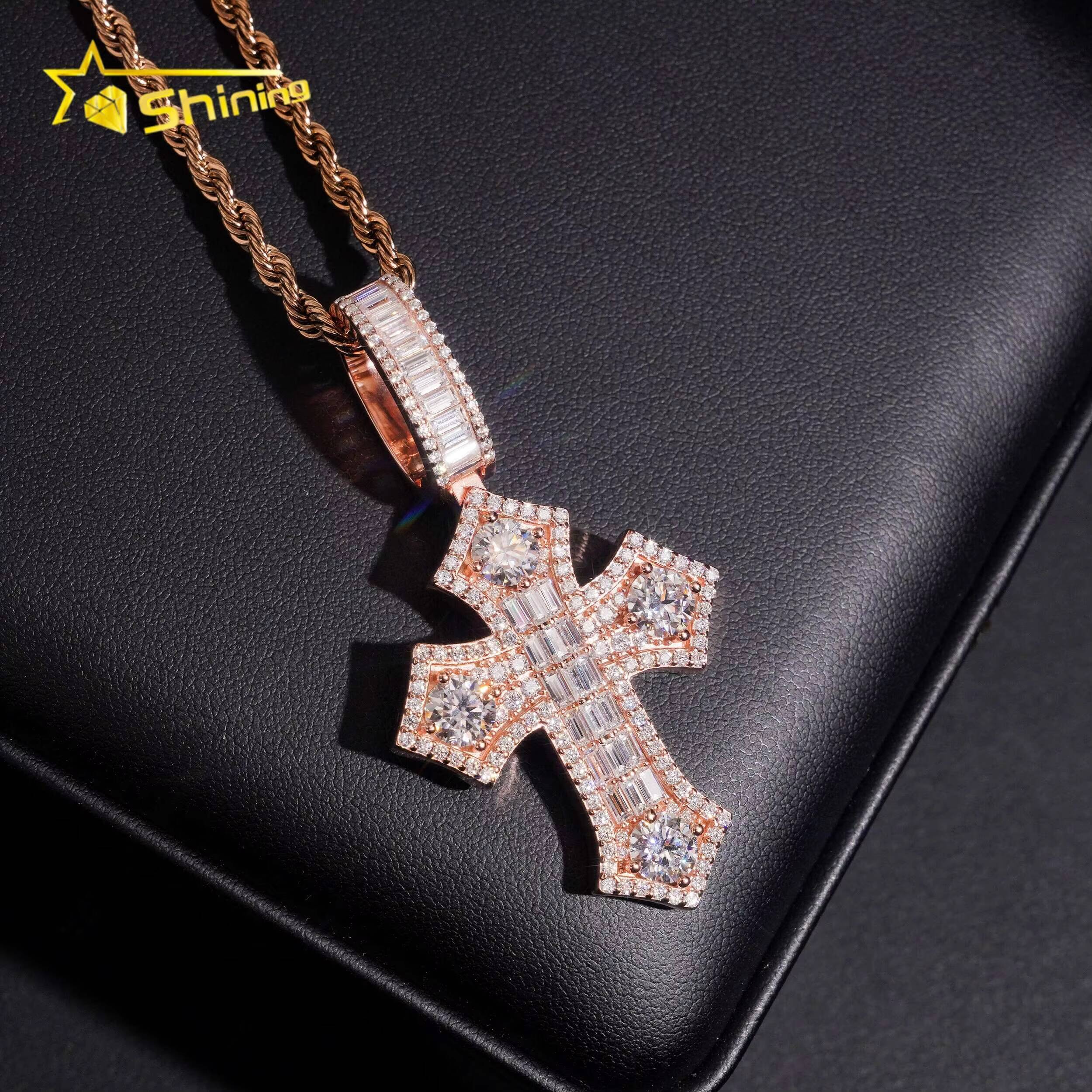 Moissanite Pendant Silver 925 Gold Plated Fine Jewelry Necklace Baguette Moissanite Pass Diamond Test Hip Hop Pendant
