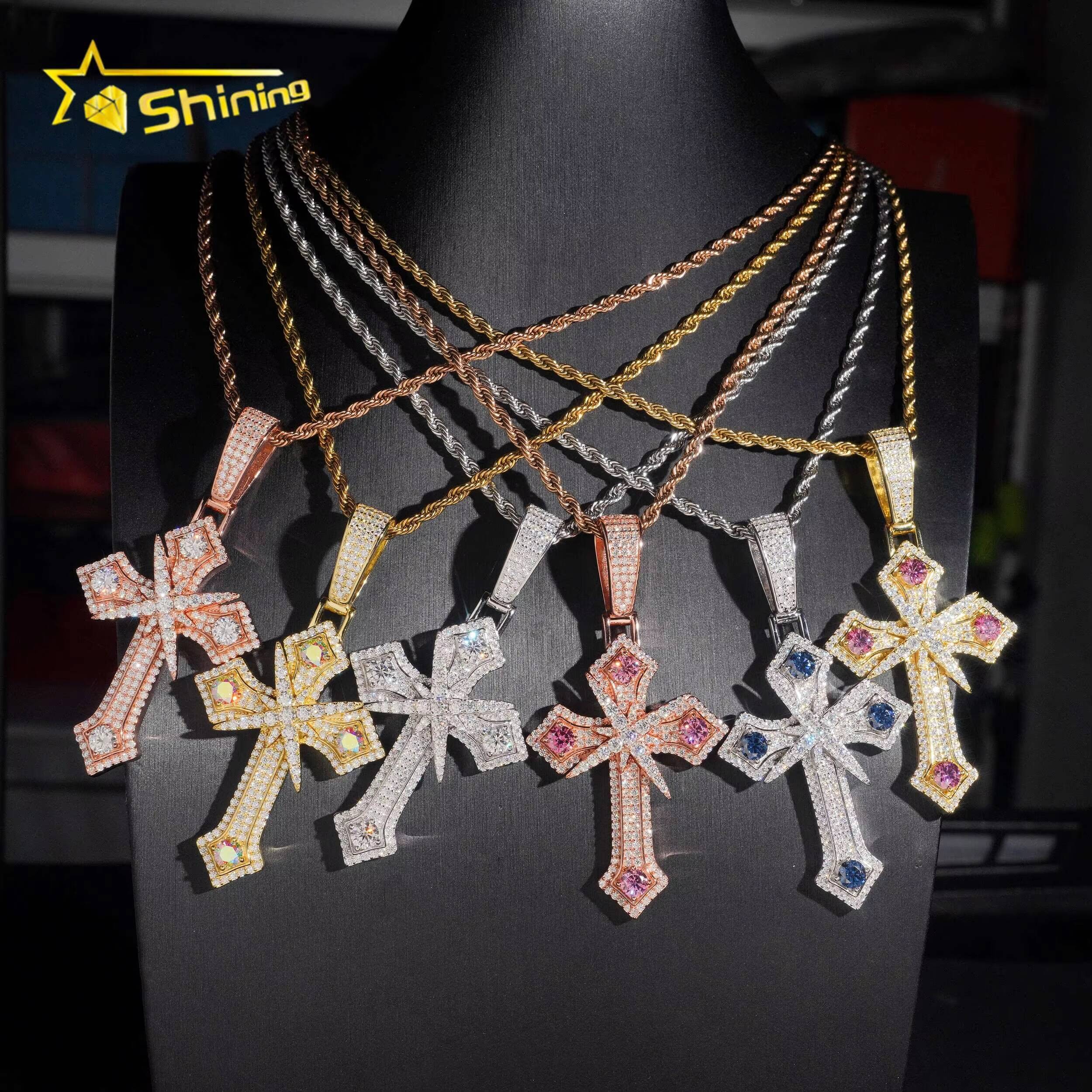Hot Selling Hip Hop VVS Colorful Moissanite Cross Pendant Fine Jewelry Custom Men Iced Out Moissanite Pendant Charms