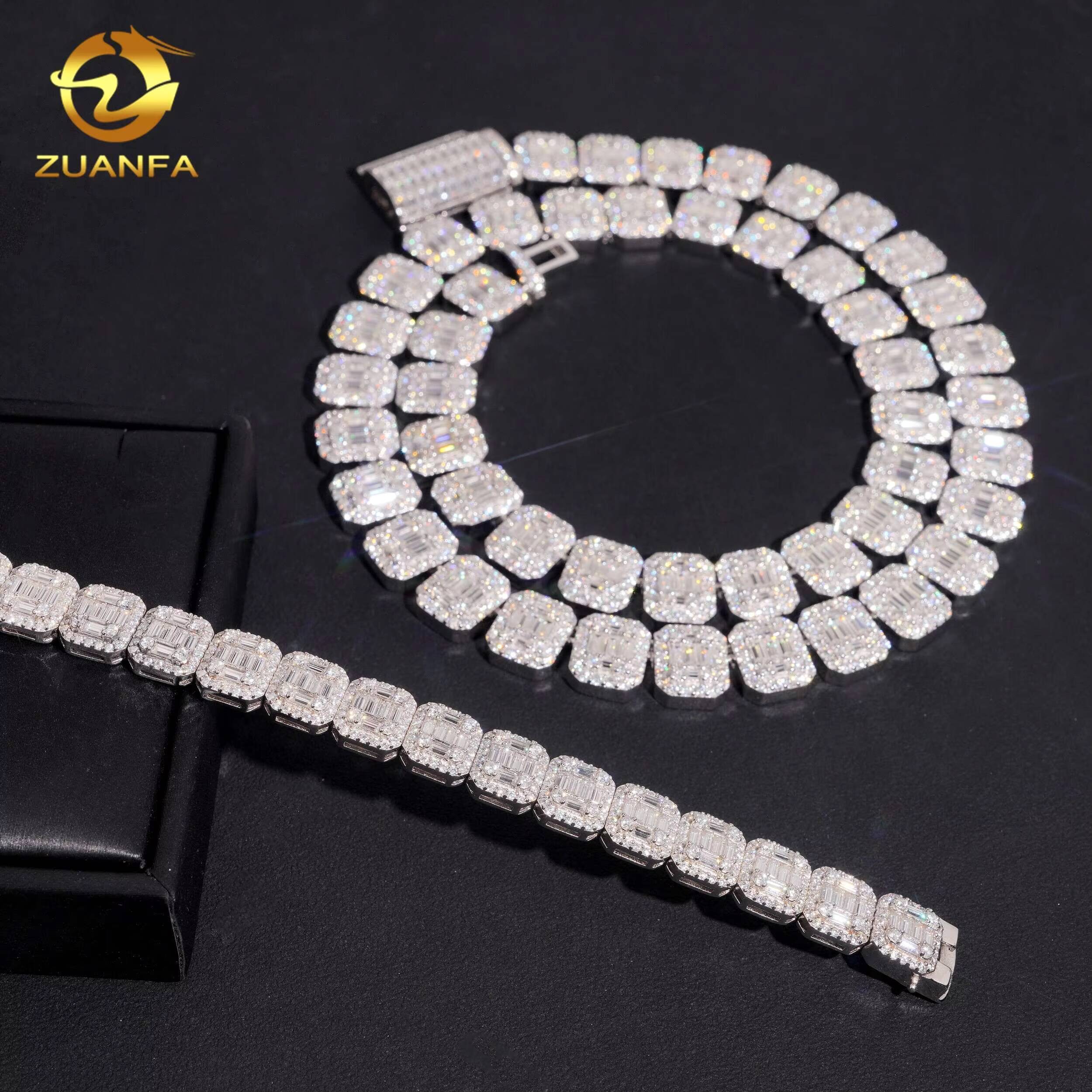 Hip Hop Jewelry 13MM Moissanite Diamond Cuban Link Chain Baguette Cut 925 Silver Iced Out Cuban Link With GRA Certificate