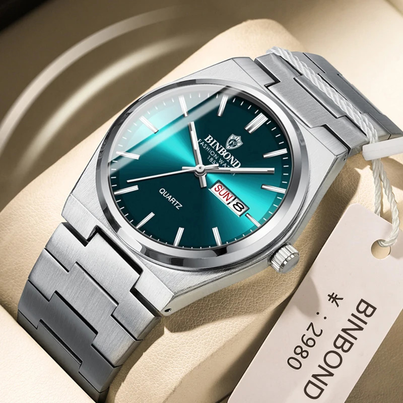 BINBOND Top Men Quartz Watches Original Watch for Man Waterproof Luminous Date Week Stainless Steel Wristwatch Male 260114