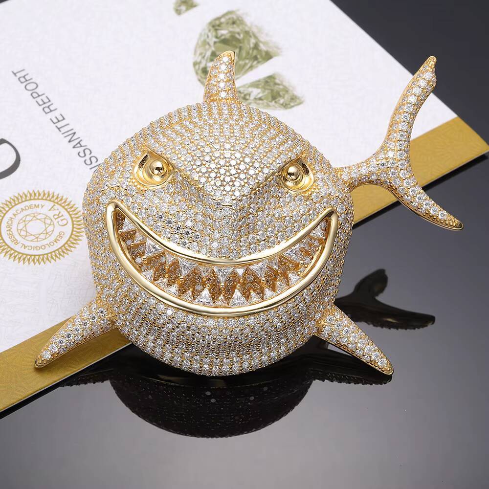 New Hip Hop Shark Pendant VVS Moissanite Silver Round Brilliant Cut Claw Setting Unisex