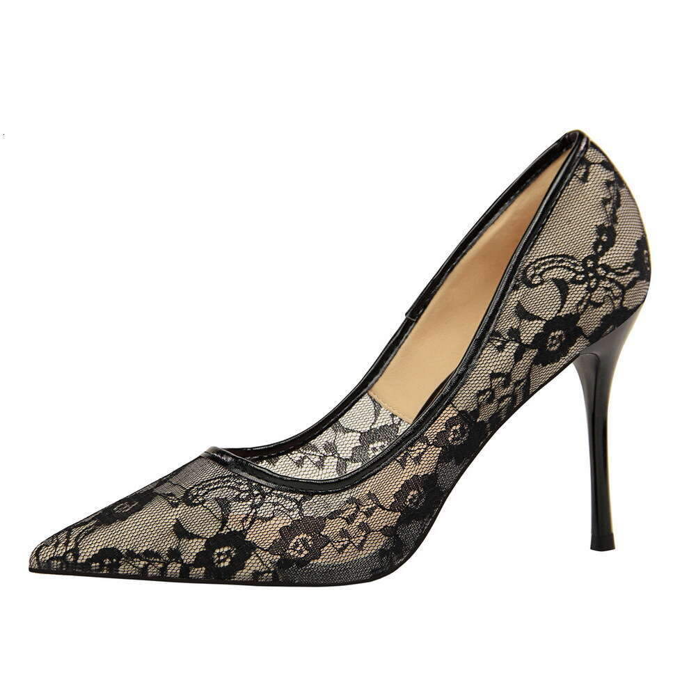 luxury bag Sexy Slimming Heels Women's Thin High Heel Shallow Mouth Pointed Toe Mesh Hollow Lace Single Shoes